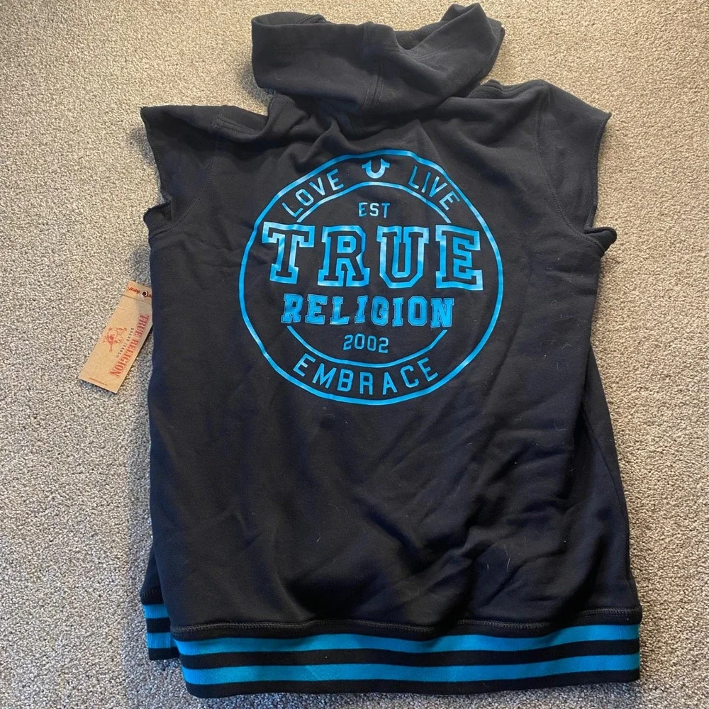 True Religion Mens XL Black Turquoise Lace Up Sleeveless Hoodie Graphic NEW